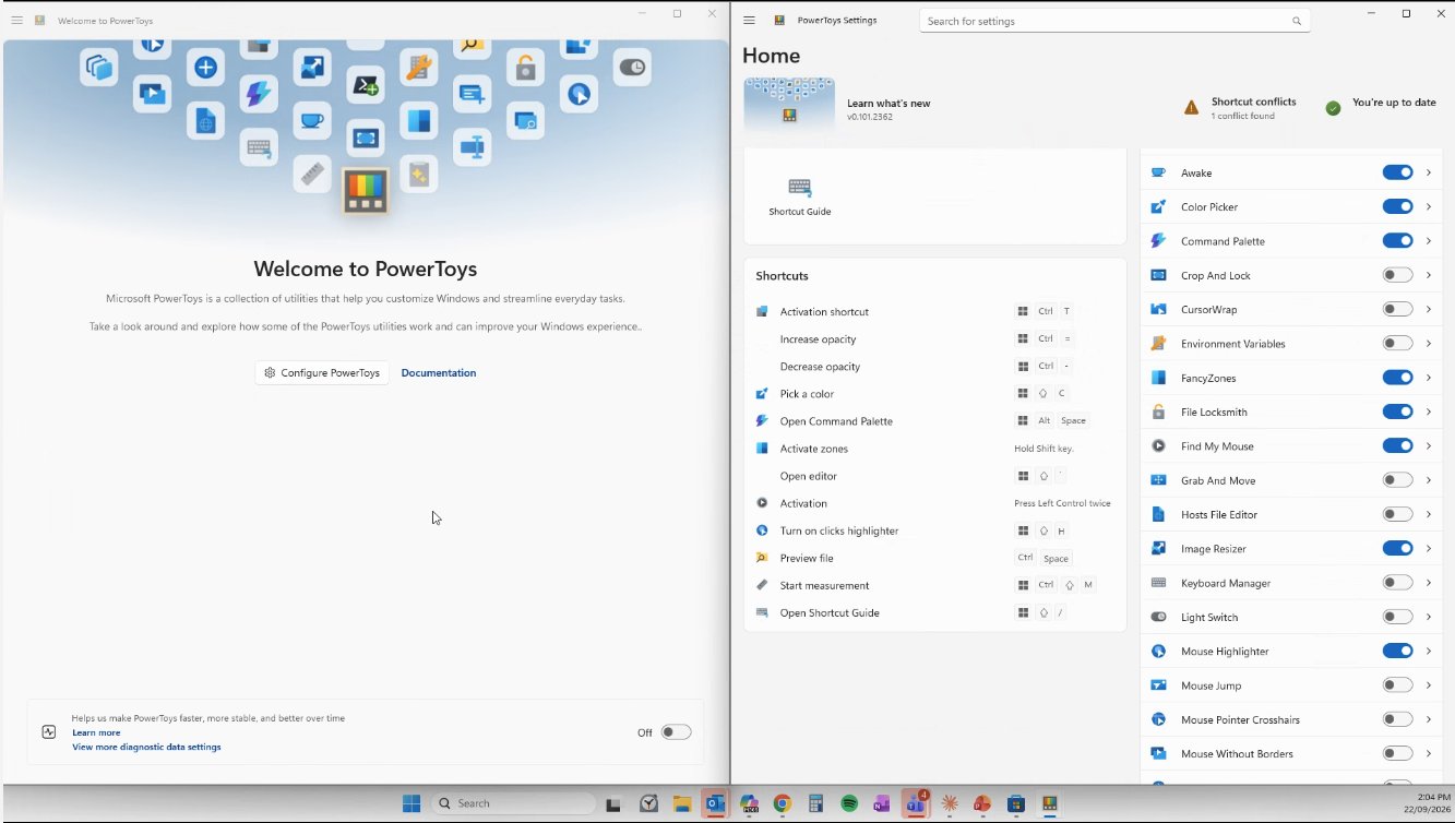 PowerToys settings with Mouse Highlighter switched on, and the shortcut Windows Shift H listed as Turn on clicks highlighter